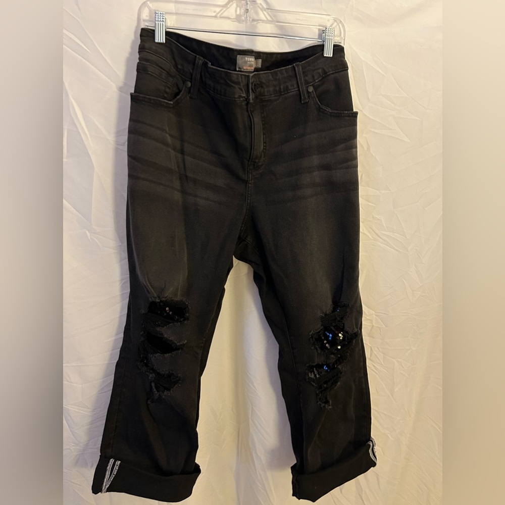 Torrid vintage stretch boyfriend straight ripped sequin jeans